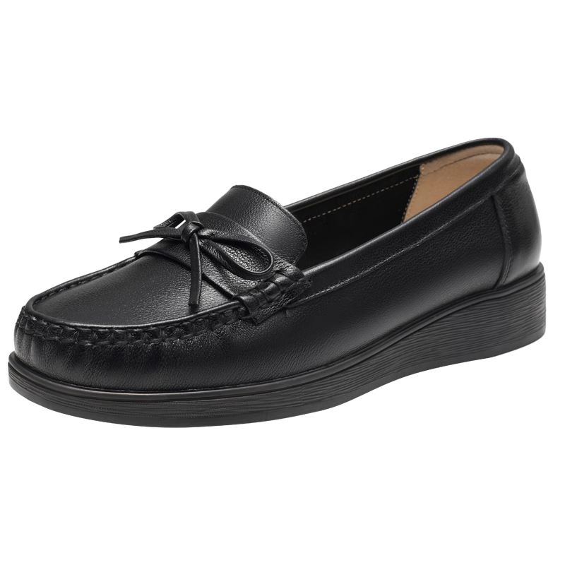 RED DRAGONFLY Cowhide Mom Shoes, Middle-Aged And Elderly Women's Flats, Soft Sole, Comfortable, Wide-Toe Women's Shoes WTB23310, Black, Size 38