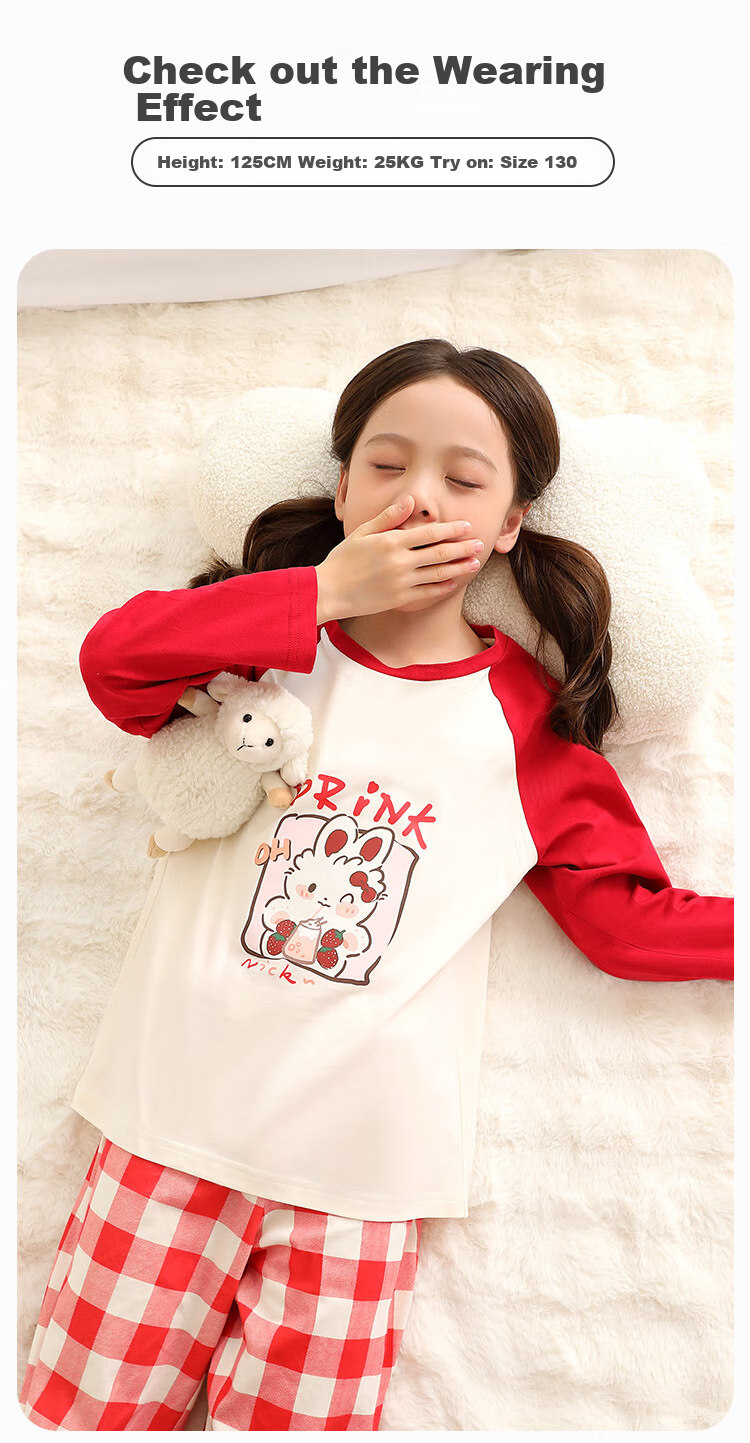 YUZHAOLIN Girls' Pajamas Spring Pure Cotton Children's Home Wear Set for Older Kids Simple Plaid Patter 12