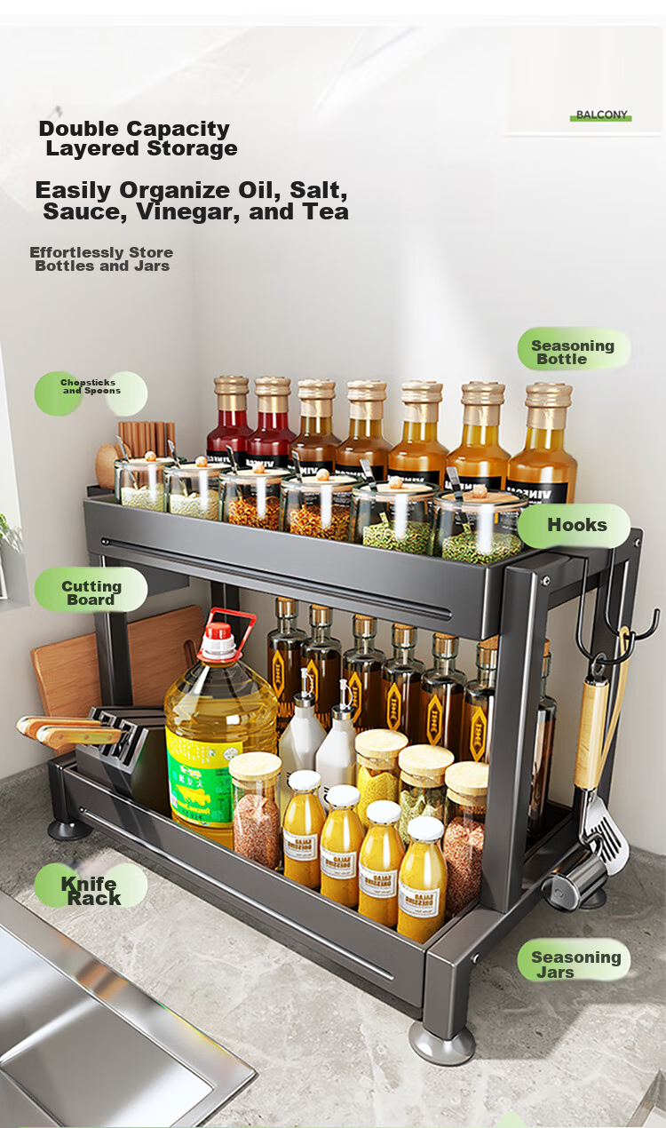 Shuaishi Kitchen Storage Rack Spice Rack, Knife Holder Kitchen Organizer, Countertop Spice Box Storage Rack, Double-Layer 44cm 4