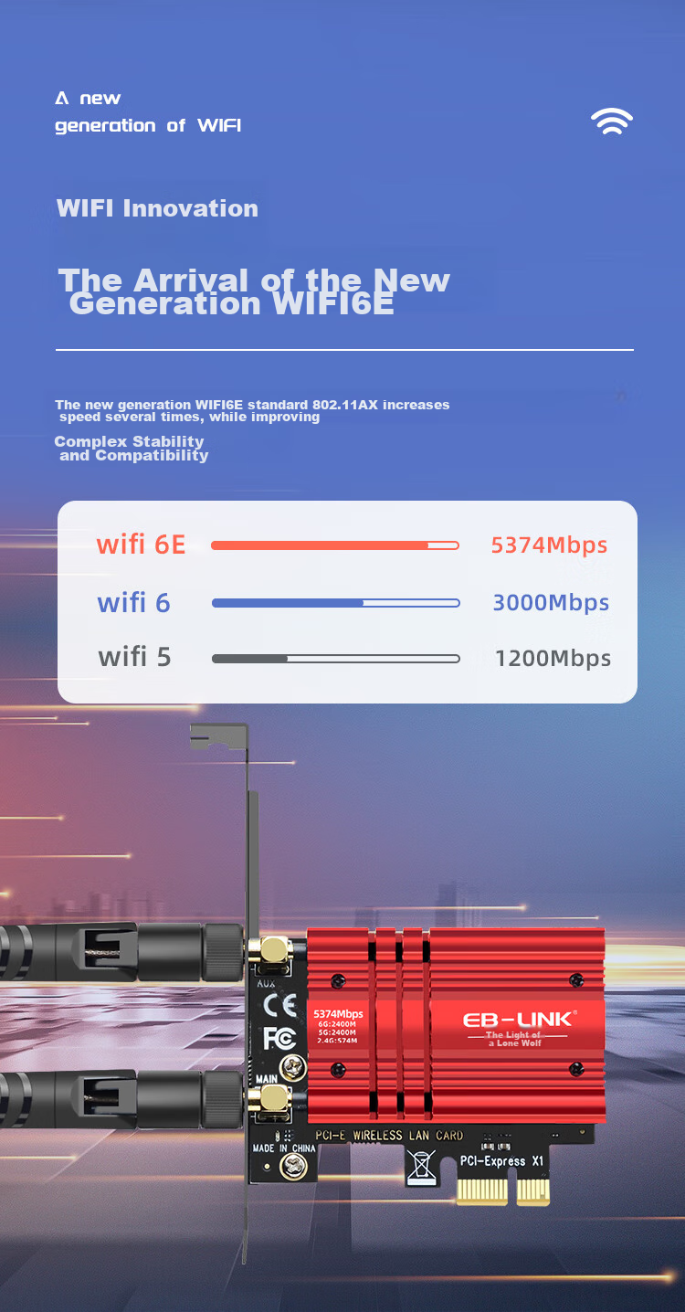 EB-LINK Intel AX210 Chip PCI-E Wireless Network Card, Bluetooth 5.3, Desktop Computer Built-In WiFi 6 Tri-Band, 5374M Gigabit Network Card, PCIE Gaming Desktop Network Card 3