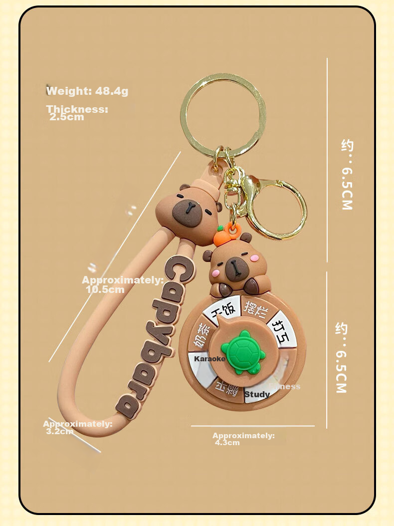 Miletang Capybara Toy Small Turntable Car Keychain, Water Deer Rubber Key Ring, Stress Relief Toy 6