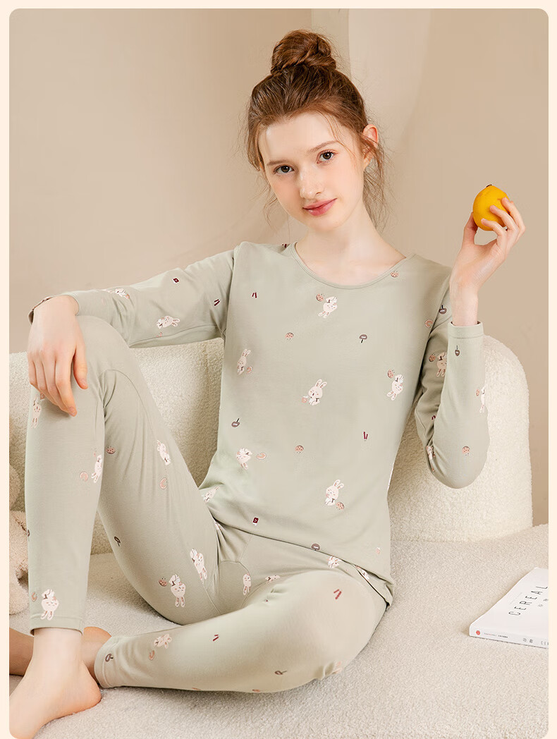 Fenteng Women's Thermal Underwear Pure Cotton 2025 New Style [Light Warm Underwear] Round Neck Small Floral Autumn Top and Bottom Set 26