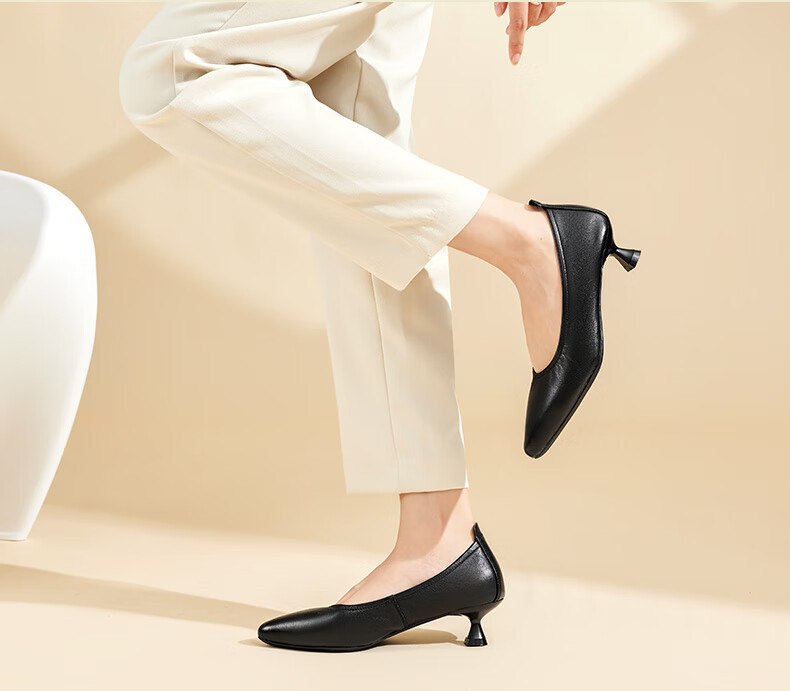 LAORENTOU Women's Shoes, 4CM Mid-Heel Work Pumps, Pointed Toe Commuter Leather Shoes, Shallow Mouth High Heels, LB62, Black, Size 37 4