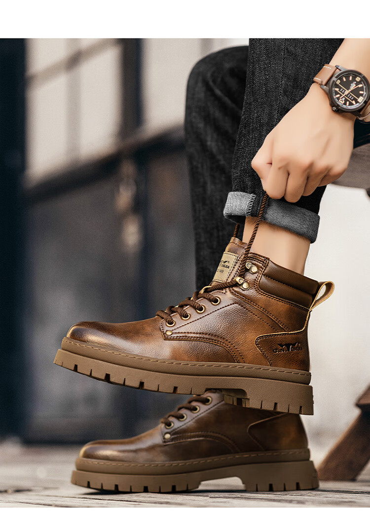 Bull Family Men's Autumn Winter Martin Boots Trendy Versatile Work Shoes Retro Durable Leather Boots for Men 21