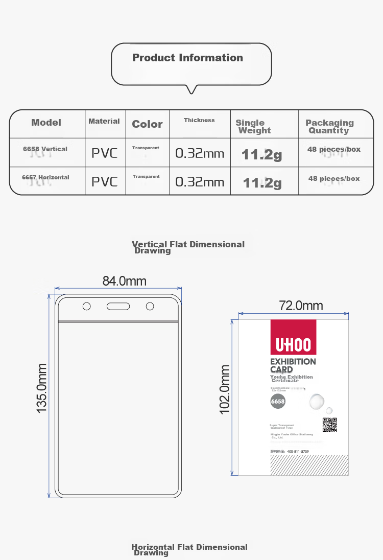 UHOO PVC Exhibition Badge, Vertical Transparent ID Holder, Work Card Sleeve, Badge, Tag, Lanyard, Name Tag, Card Holder, Chest Card, Access Pass, Student ID Card, Meal Card, Work Card 6658 9