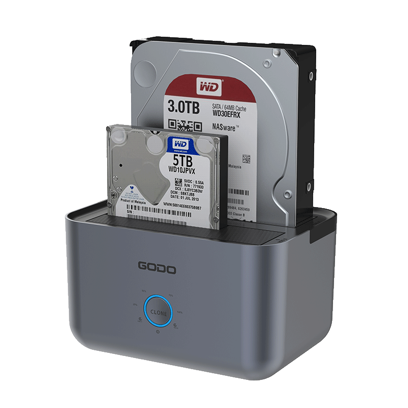 GODO Mechanical SSD Enclosure Base, 2.5/3.5 Inch, USB3.0 External SATA Dual-Bay, Compatible with Laptops And Desktop Computers, External Portable Hard Drive Enclosure, Universal