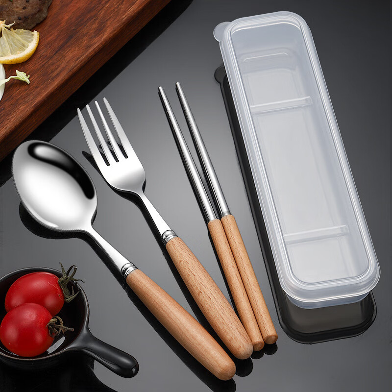 Jekero Stainless Steel Chopsticks Set for One Person, Student Travel Chopsticks, Spoon, Fork, Box, Portable Cutlery, Wooden Handle Four-Piece Set