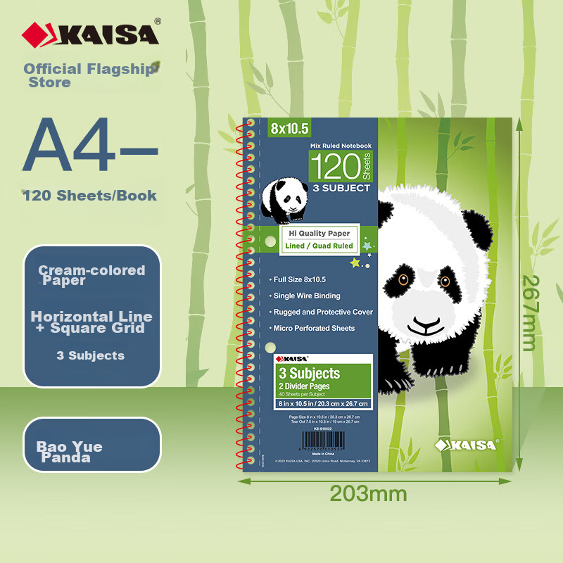 KAISA [Best-Selling Online] Two-Hole Notebook, American-Style, 120 Sheets, Three Subject Spiral-Bound Office Journal for College Students, Postgraduate Exam Preparation Notebook, Panda Aiyue Series Diary And Planner