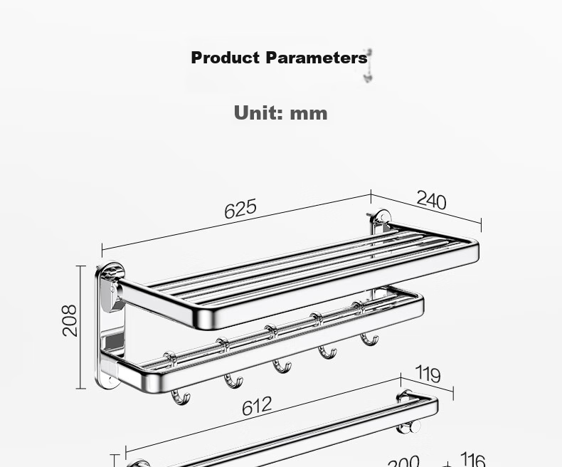 JOMOO Bathroom Storage Rack, Towel Holder, Thickened Foldable Bathroom Organizer, Bright Silver Stainless Steel, 936024 23