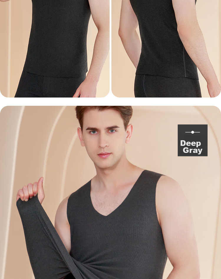LangSha Men's Thermal Vest, Slim Fit Autumn Undershirt, Seamless Undershirt, Thin Warm Top, Wide Shoulder Sleeveless Vest, Black 16