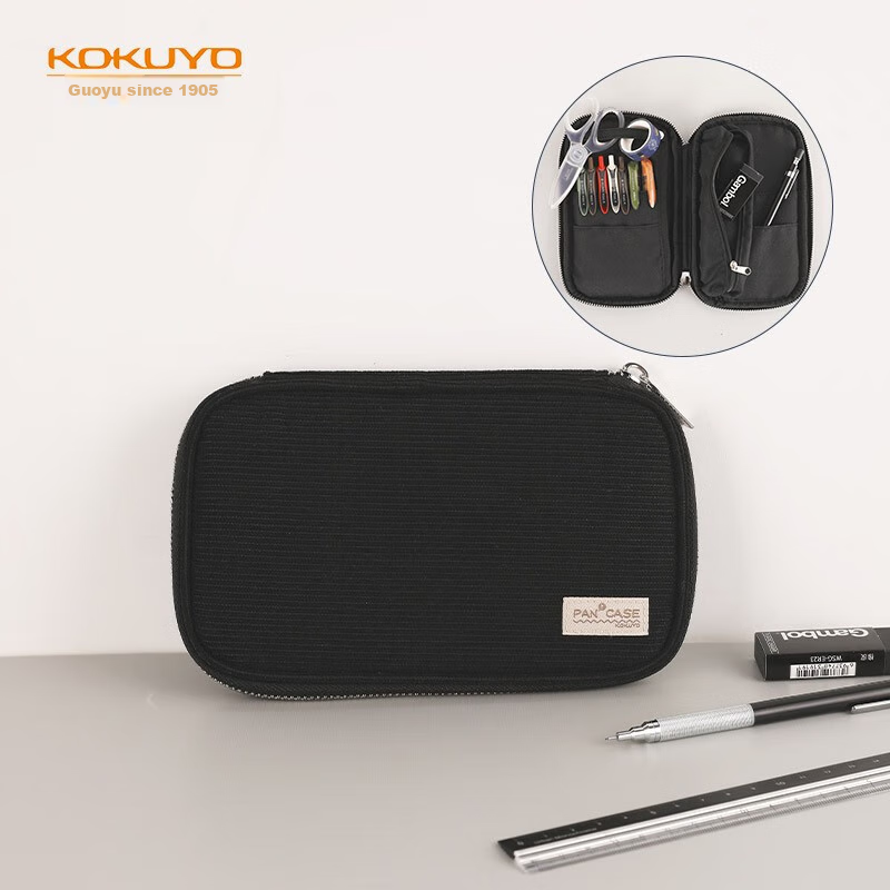 KOKUYO Pancake Bag PANCASE Pencil Case, Large Capacity Stationery Organizer for Students, Multifunctional Layered Storage Pouch, Corduroy Portable Pencil Box, Black, 1 Piece, WSG-PC132D