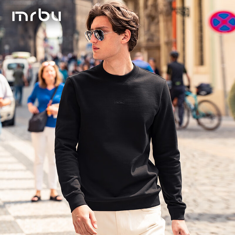 Mr. Bu Celebrity-Style Crew Neck Pullover Men's Sweatshirt, Autumn And Winter Long-Sleeve T-Shirt, Base Layer Top, Yan Yan Black, 2XL(185)