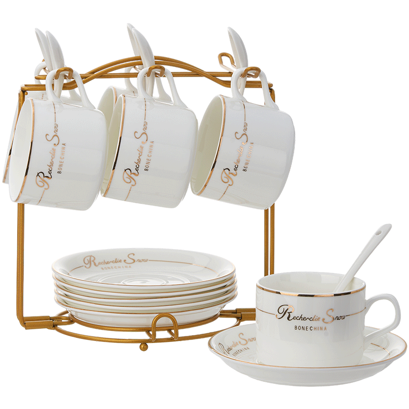 Youlaifu European Style Gold Rim Ceramic Coffee Cup Set 6 Cups 6 Saucers 6 Spoons Red Tea Mug Gift Box