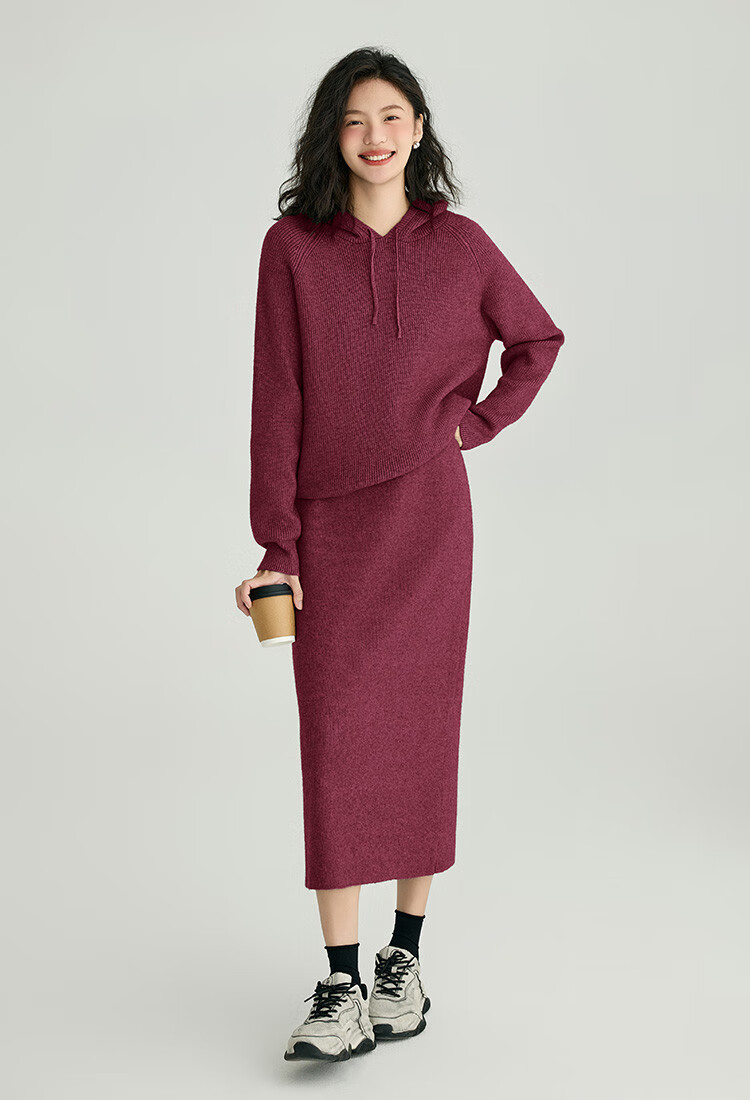 DME Relaxed Knit Set Spring Autumn Hoodie Knit Top + Elastic Knit Skirt Two-Piece Set 4