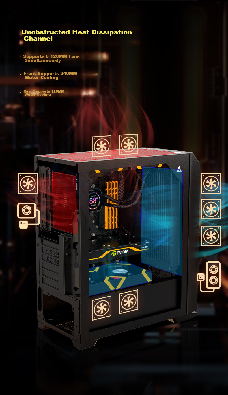 Golden Field Jianyu Qingyao NANO Wide-Body Desktop Computer Case, Cooling Grid Panel, ATX Motherboard/8 Fan Positions/Compatible with 240mm Water Cooling/Glass Quick-Release Desig 5