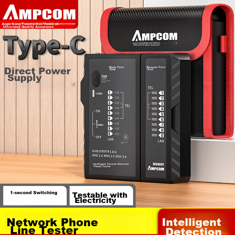 AMPCOM Network Cable Tester, Multifunctional RJ45 Connector Network Cable Tester with Charging POE Anti-Burn, RJ11 Telephone Line Intelligent Detection Tool AMBKZRJ4511
