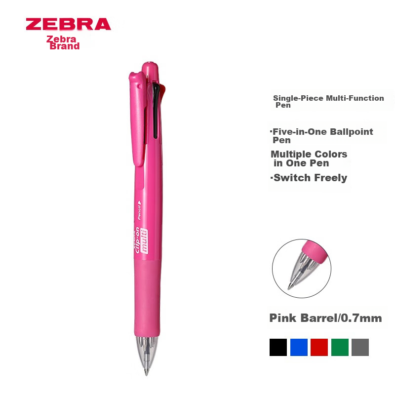 ZEBRA Five-In Multi-Color Pen (0.7mm Four-Color Ballpoint Pen + 0.5mm Mechanical Pencil), Black Blue Red Green Student Business Office Signing Pen B4SA1, Pink Barrel