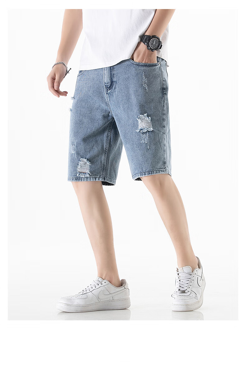 ROMON Men's Denim Shorts, Summer Lightweight Trendy Casual Five-Point Pants, Loose-Fitting Trousers, Men's Clothing 9607 Light Blue XL 2