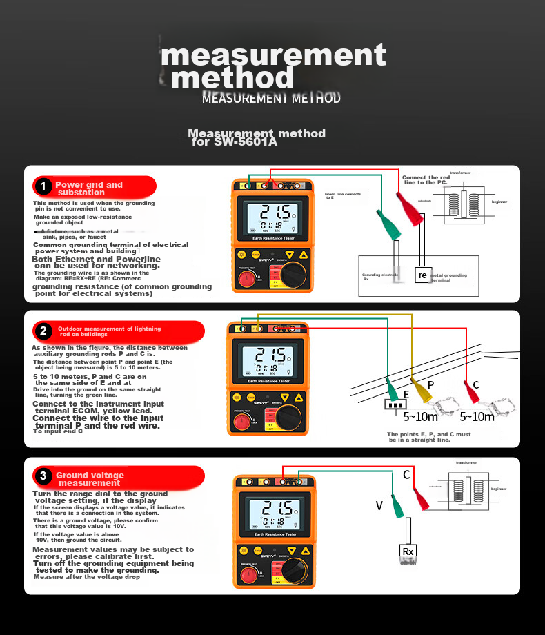Suwei Lightning Protection Grounding Resistance Tester, Earth Resistance Meter, Digital Electronic Megohmmeter, Resistance Detector SW5601A 14
