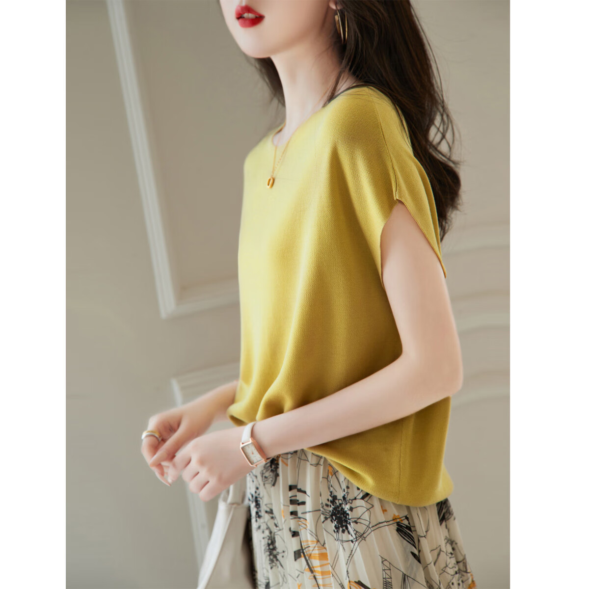 Dme [One-Word Collar Knit Top], Summer Elegant Batwing Sleeve Short-Sleeve Knit Sweater, Women's Blouse