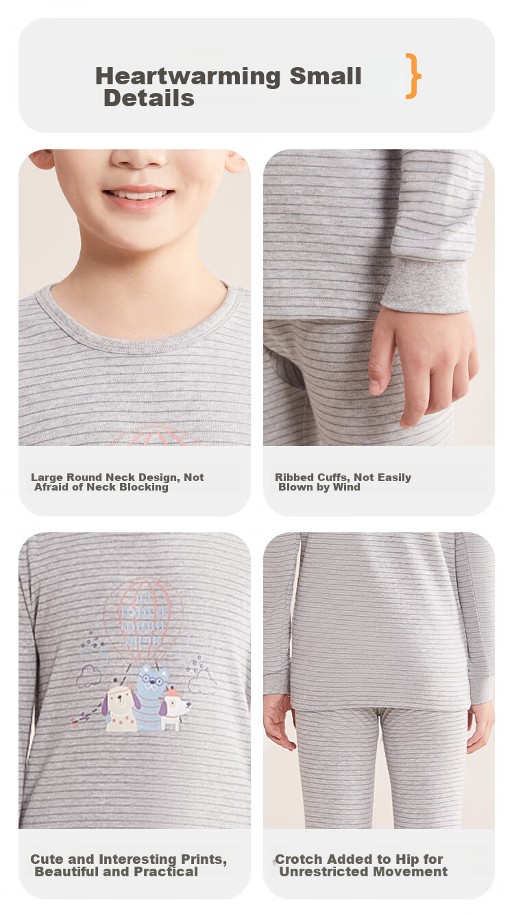 Hodohome Children's Autumn Underwear Set for Boys, Class A Pure Cotton Thin Round Neck Printed Thermal Underwear Set 123 Warm Brown 120 13