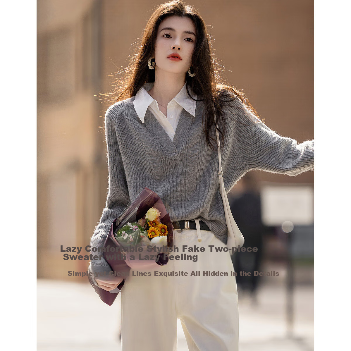 Dme [Cloud Sweater] Spring And Autumn Simple Style Commuter Patchwork Lapel Soft Fleece Shawl Slimming Knit Sweater Women's Top
