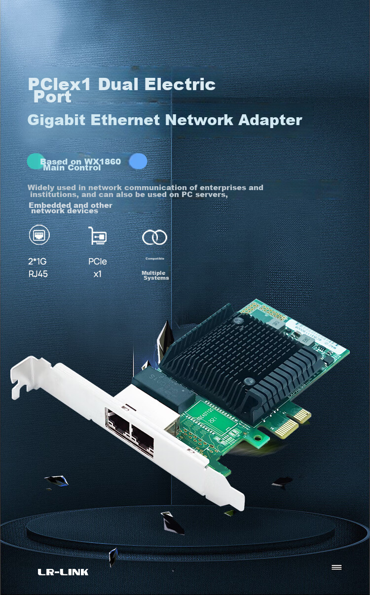 LR-LINK Lianrui LRES2045PT PCIex1 Gigabit Dual-Port Network Card Based on Domestic Controller WX1860A4, Stable Performance, Compatible with I350-T2 1