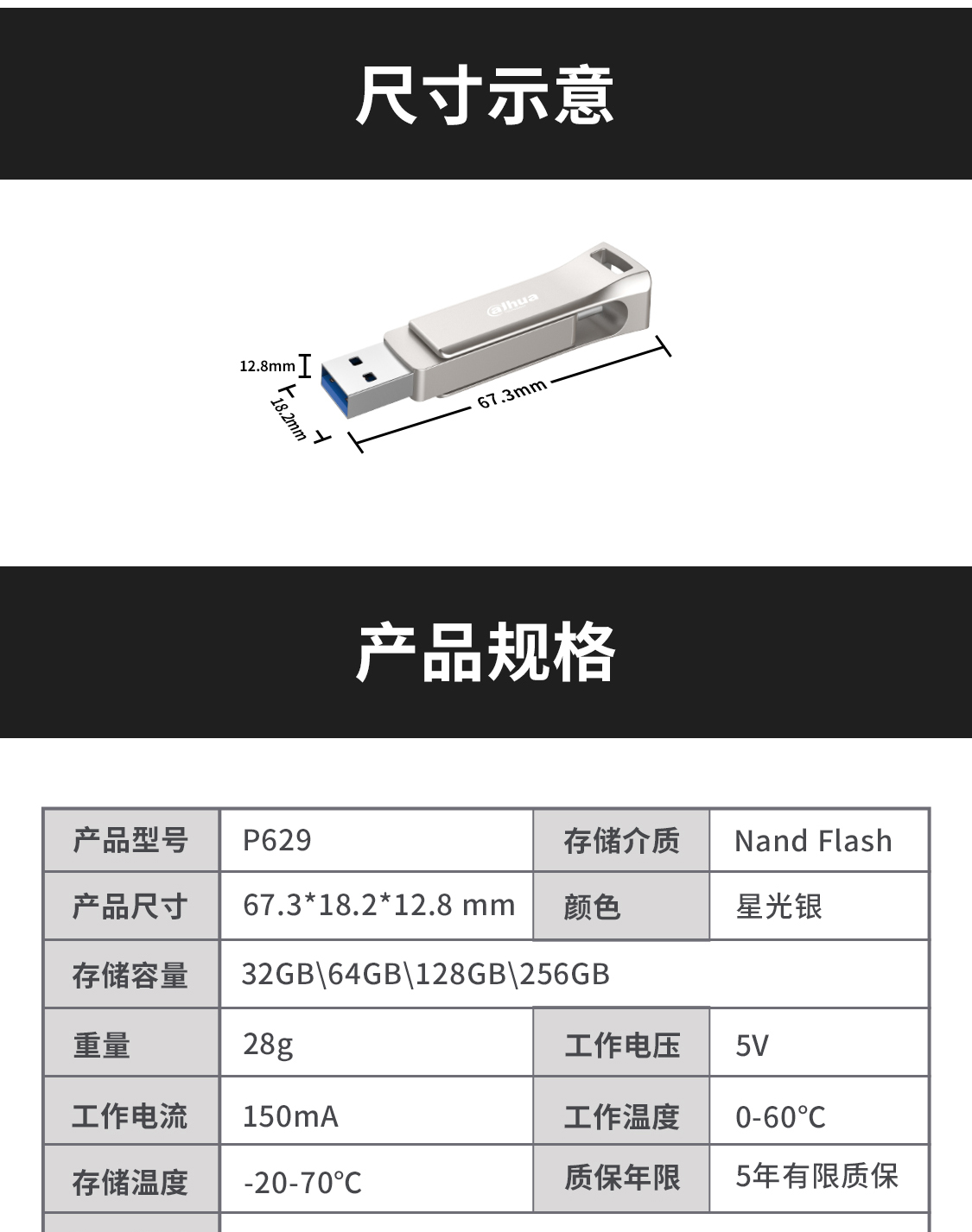 USB3.2 + 双接口：大华 128GB 金属 U 盘 39.9 元发车