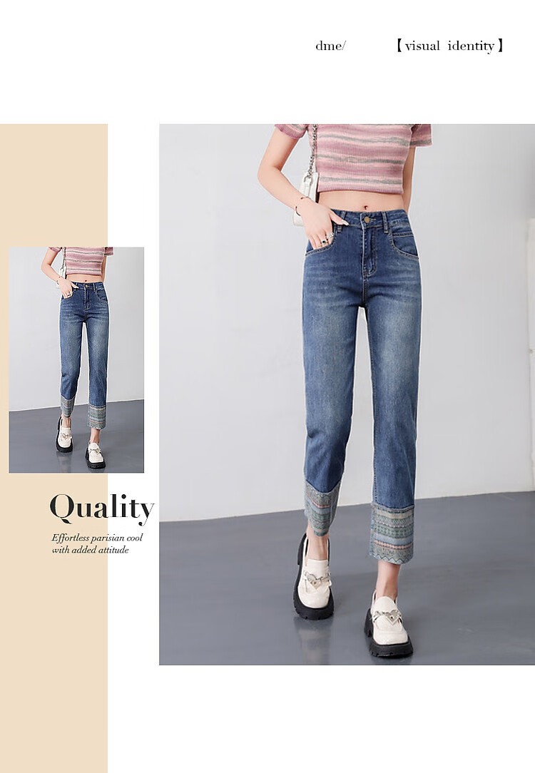 Dme [Light Ethnic Style] Spring And Summer Mid-Rise Straight-Leg Zipper Cropped Pants Women's Trousers Women's Jeans 12