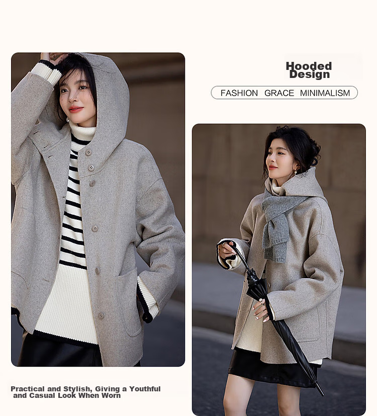Dme [Stylish Top Student] Winter Light Retro Urban Hooded Merino Wool Double-Faced Velvet Elegant Concealing Women's Coat 6