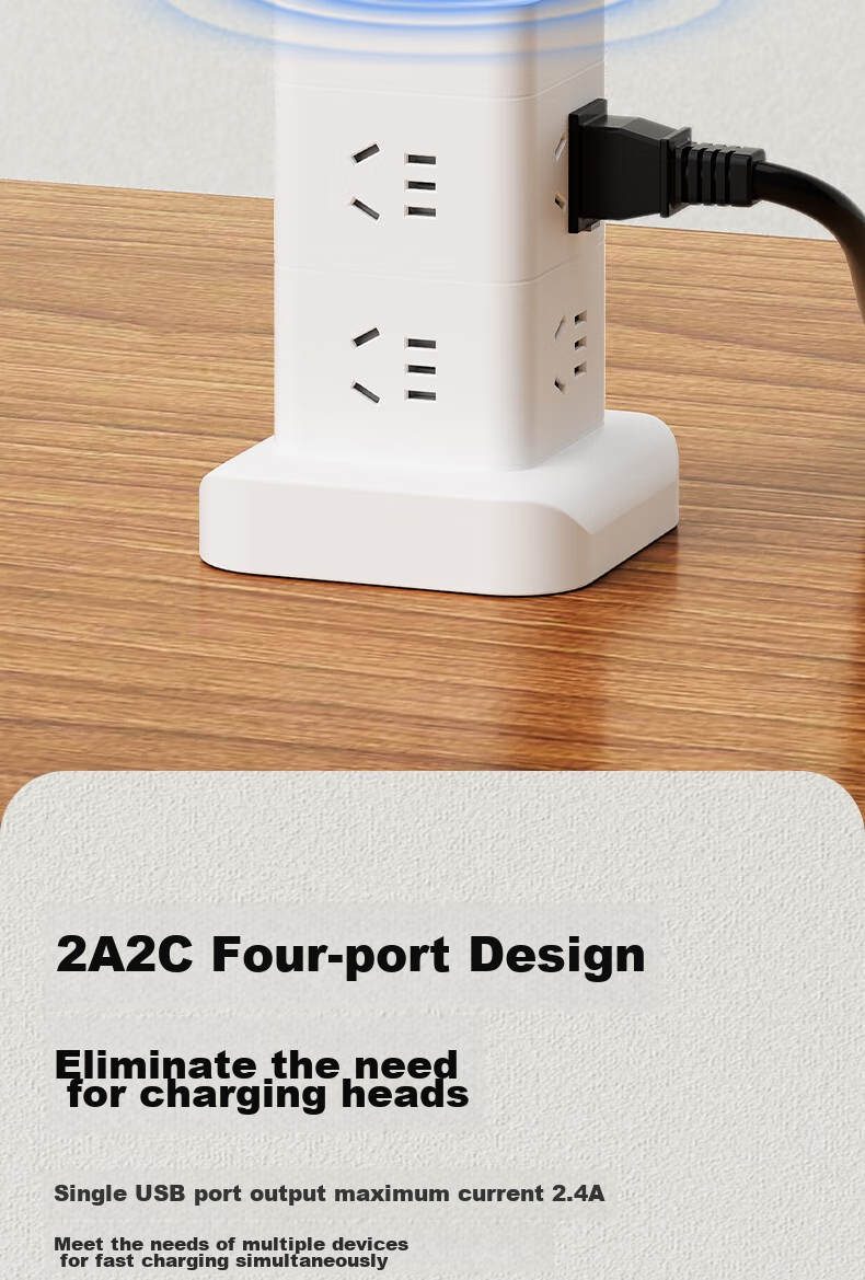 Deli Vertical Power Strip, Power Bar/Extension Cord/Power Board/Line Cord, Master Switch 12 Outlets + 2 USB + 2 TYPE-C, Total Length 1.8 Meters, Overload Protection, LU5054 5
