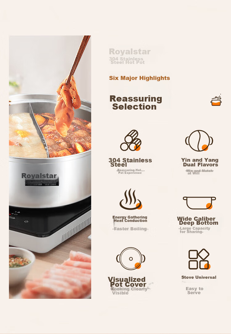 Royalstar Hot Pot, 304 Stainless Steel Soup Pot for Gas And Induction Stoves, Universal Clear Soup Basin, 30cm 2