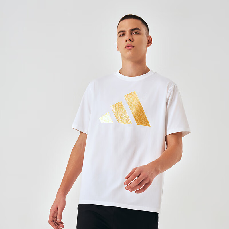 Adidas Men's T-Shirt, Summer Sports Casual Breathable Short Sleeve, Fitness Running Loose Cotton Short Sleeve, White/gold, L