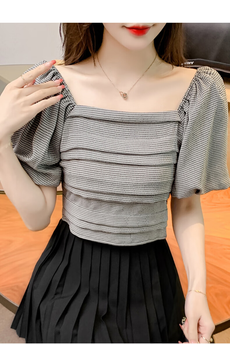 JEANSWEST Women's Shirt, Summer Short-Sleeve Plaid Blouse, French Puff Sleeve Top, Gray, Size S 8