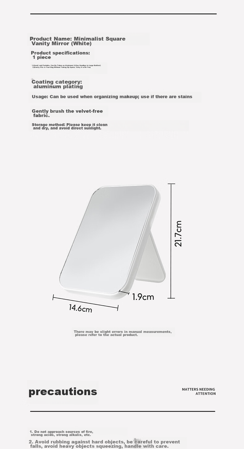 MINISO Simple Square Table Mirror, Makeup Beauty Mirror, Desktop Mirror, Princess Mirror, Birthday Gift for Girlfriend (White) 4