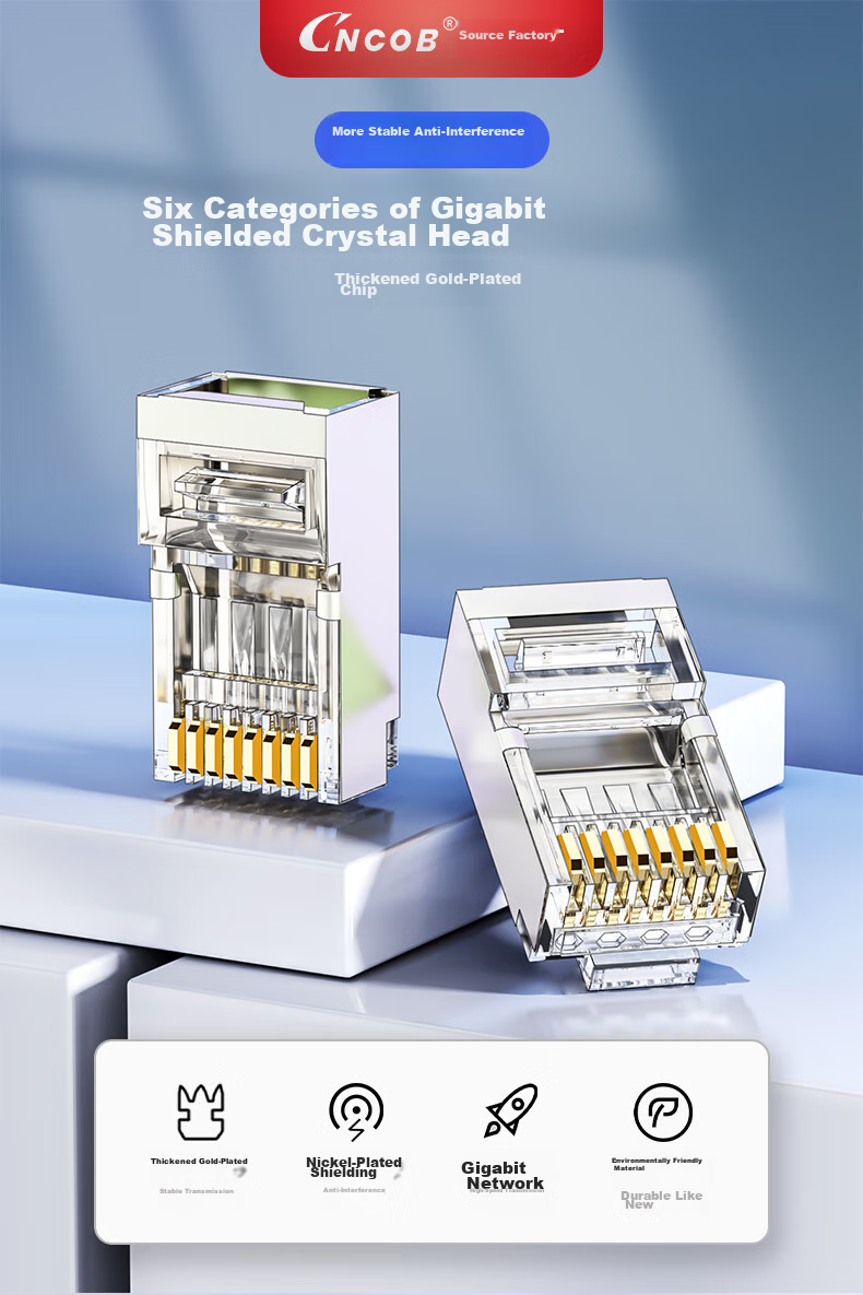 CNCOB Cat6 Shielded Crystal Head, Engineering-Grade Gigabit Network Gold-Plated RJ45 Cable Connector, Cat6 Crystal Head, 30 Pieces/bag, CN-2001P 1