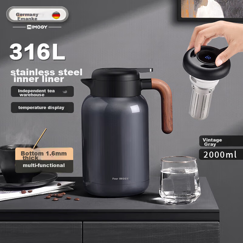 IMOGY German Insulated Thermos, Home Tea Steeping Pot with Temperature Display, 316L Stainless Steel Heat Preservation Pot