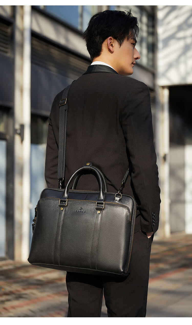 SANWA Imported Genuine Leather Briefcase Handbag for Men, Top-Grain Cowhide 14-Inch Business Laptop Bag, Shoulder Crossbody Bag 13