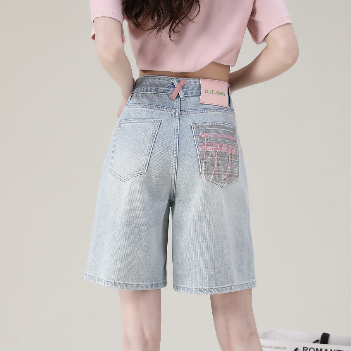 Dme Sweet Cool Girl Style Spring And Summer Contrasting Color Design Denim Knee-Length Pants, Women's Loose Non-Stretch Mid-Length Shorts, Light Blue, Size 30