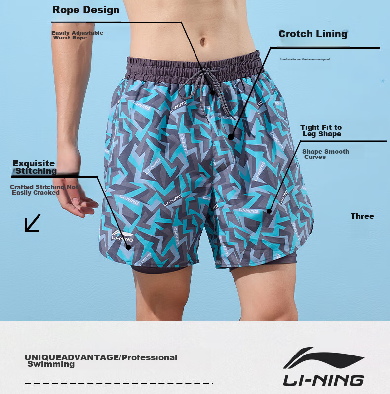 Li-Ning Swimming Trunks for Men, Anti-Embarrassment Knee-Length Double-Layer Swim Shorts, Comfortable High-Elasticity Beach Shorts for Seaside Vacation, 200 Blue-Gray XL 6