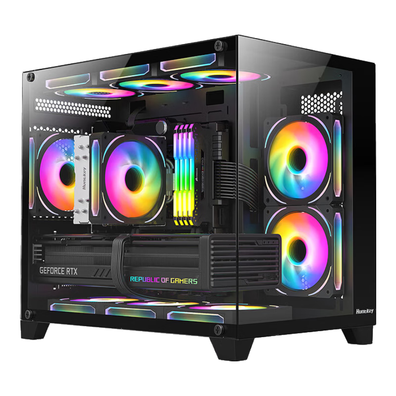 Huntkey S960 Storm X Black Panoramic Edition Seaside View Case (Double-Sided Tempered Glass, Left-Right Zoning, 360mm Water Cooling, 9 Fan Positions, MATX Motherboard)