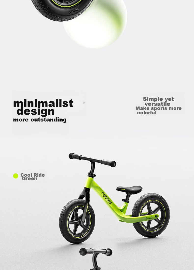 COOGHI Children's Balance Bike for Ages 1-7, 12-Inch Magnesium Alloy Frame with Solid Wheels S3Pro COOGHI Green Kuqi 34