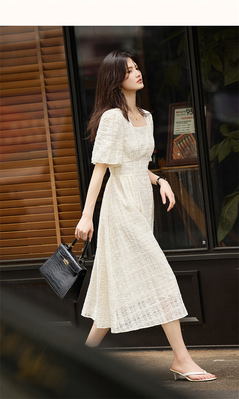 Dme [Commuter Cotton Bright Silk Umbrella Skirt], Summer Style Square Neck Waist-Cinching Puff Sleeve Dress, Long Women's Dress 17