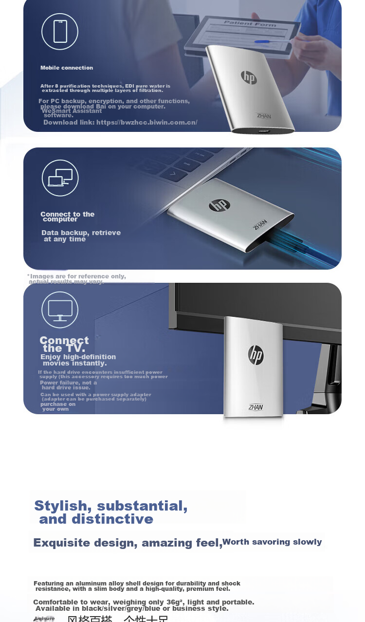 HP 1TB Portable SSD, 2000MB/s High-Performance Read/Write, Type-C, Portable for Business Travel, High-Speed Transfer, External Phone Direct Connection Mini Hard Drive, Blue 9