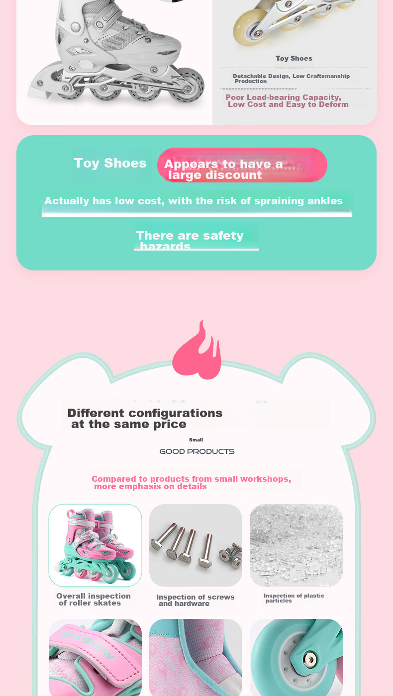 ROADSHOW Kids Roller Skates 6-12 Years Professional Casual Inline Skates S Size Peach Pink Set 7