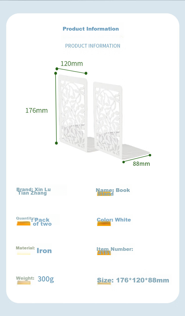 TANGO (17cm) L-Shaped Creative Hollow Vines Metal Iron Bookends, Simple Desktop Storage Rack, Bookends 2 Pieces, Office And Study Supplies Back-To Essential, White 2