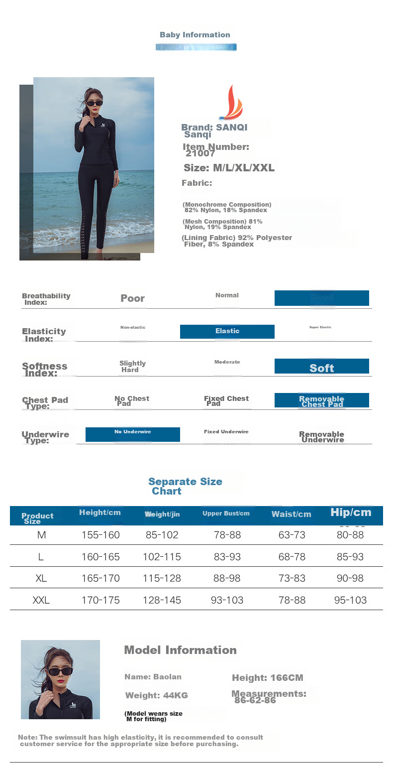 Sanqi Women's Two-Piece Swimsuit, Conservative Long-Sleeve Top And Long Pants Set for Hot Springs, Diving Suit Swimwear 21007 Black Size M 6
