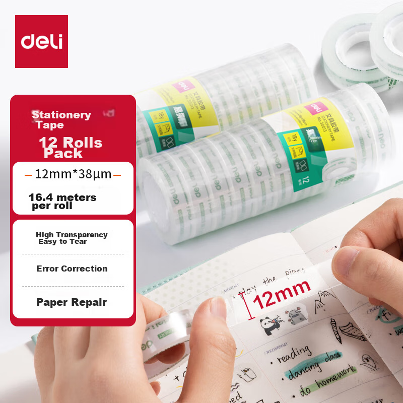 Deli Easy-Tear High Transparency Tape, 12mm*18y High Adhesive Small Tape, Back-To Essential School Supplies, Error Correction Student Stationery, 12 Rolls, Office Supplies, 30013