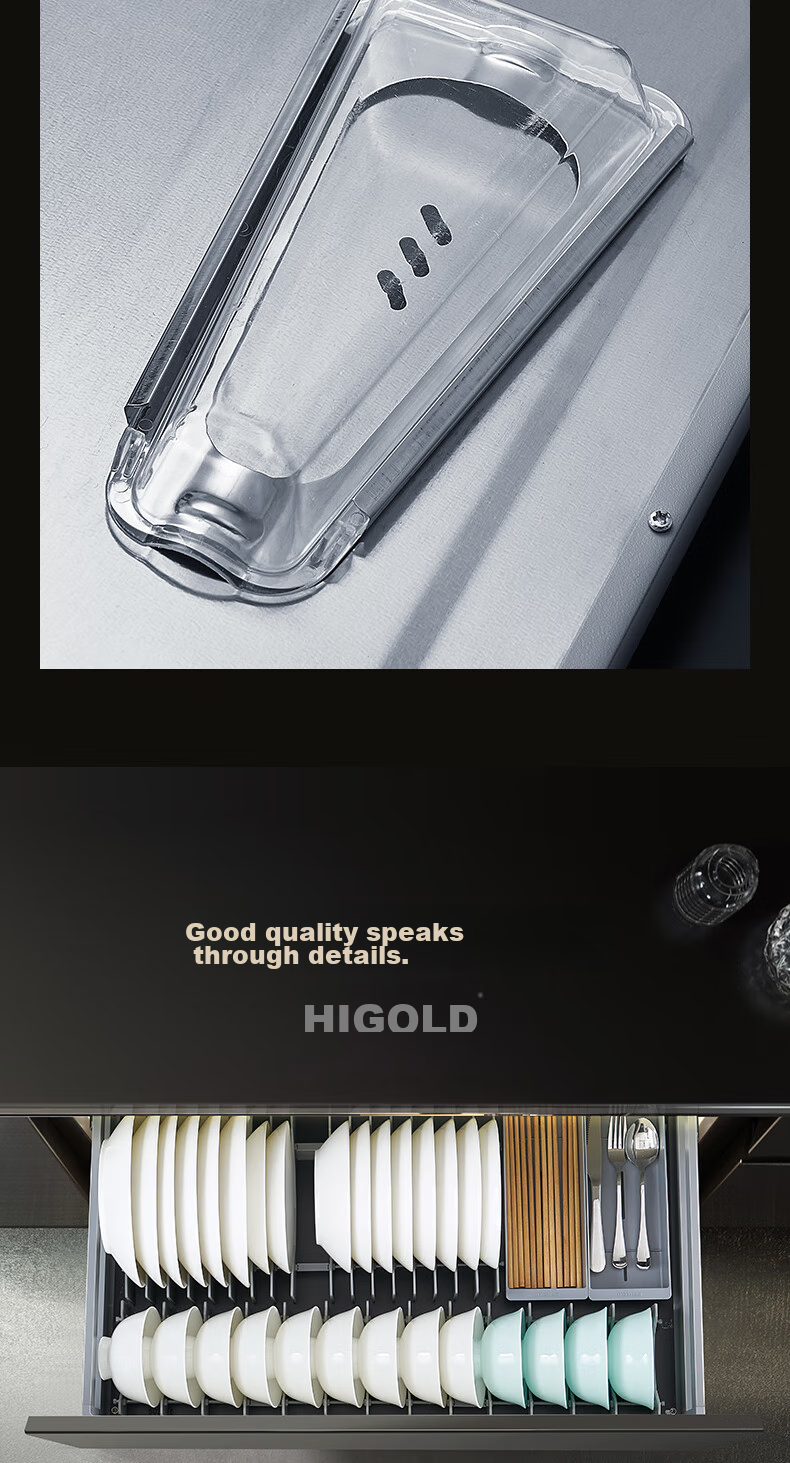 HIGOLD Kitchen Cabinet Pull-Out Drawer, 304 Stainless Steel Bowl And Plate Rack, Black Titanium Bowl Holder, Double-Layer Storage Shelf 12