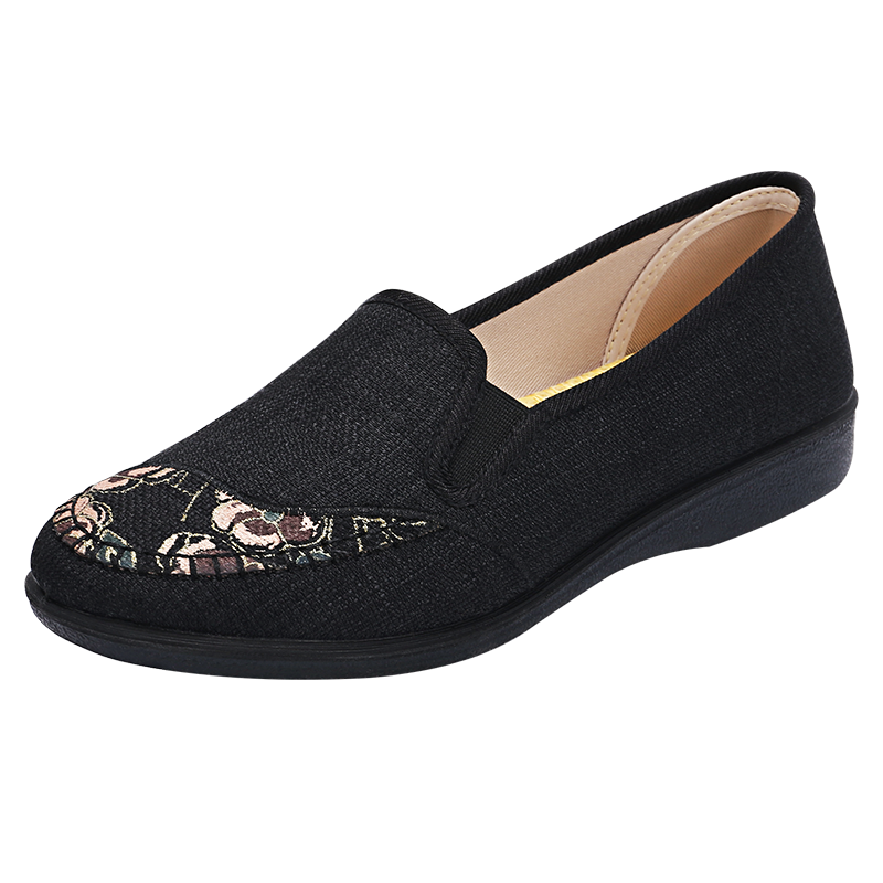BUSHEYUAN Women's Flat Round Toe Slip-On Soft Sole Breathable Casual Shoes for Moms, Elderly Beijing Cloth Shoes, Black, Size 40, Model 210-1322